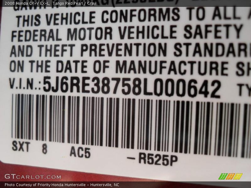 Tango Red Pearl / Gray 2008 Honda CR-V EX-L