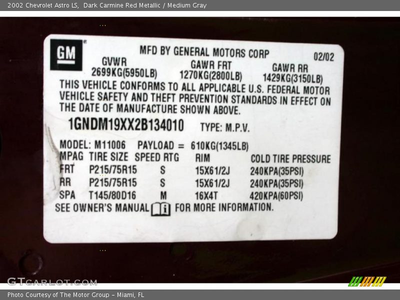 Dark Carmine Red Metallic / Medium Gray 2002 Chevrolet Astro LS