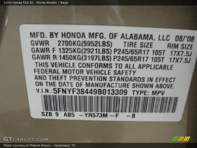 Mocha Metallic / Beige 2009 Honda Pilot EX