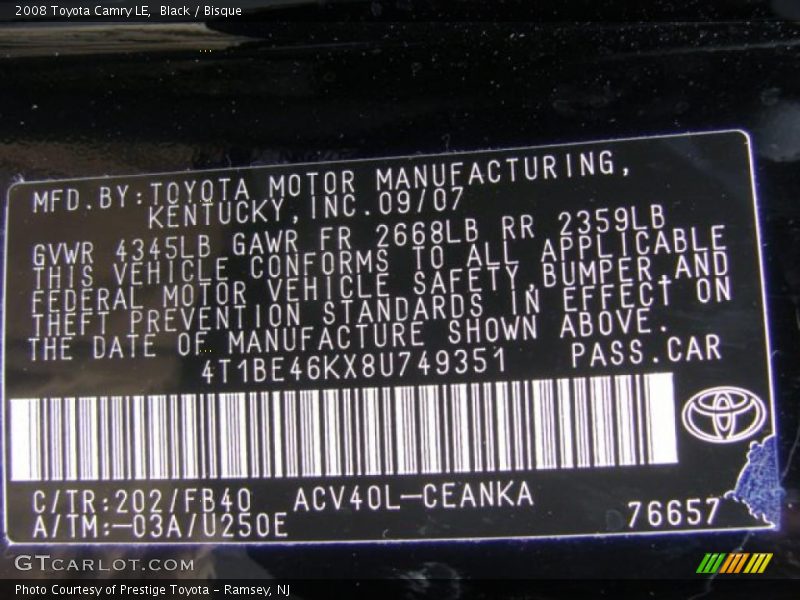 Black / Bisque 2008 Toyota Camry LE