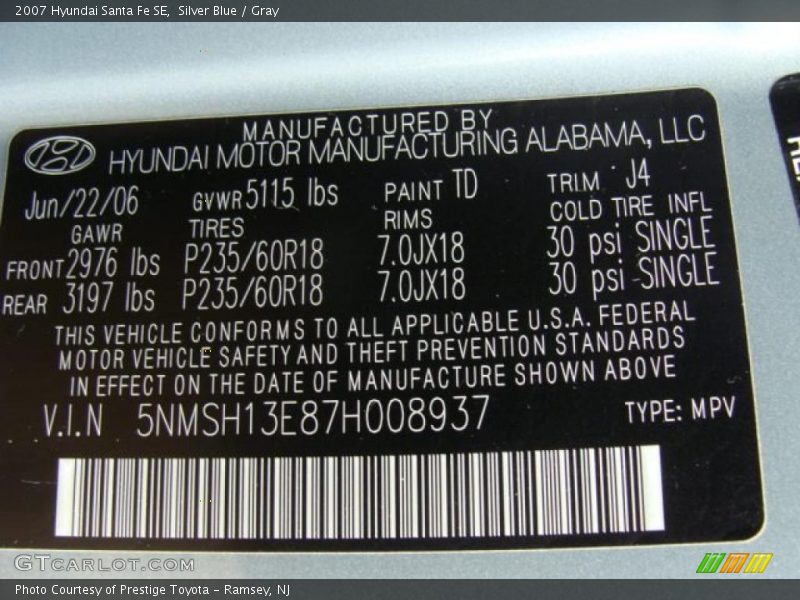 Silver Blue / Gray 2007 Hyundai Santa Fe SE
