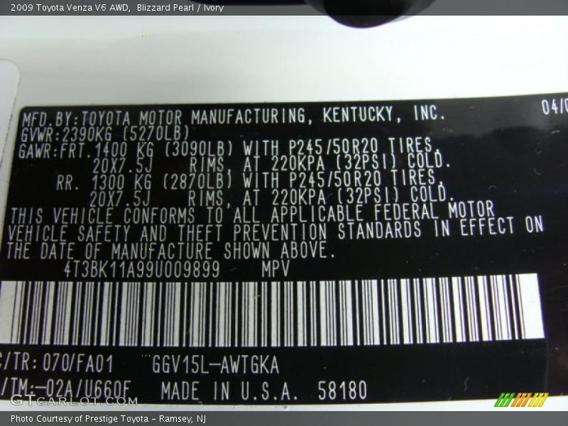 Blizzard Pearl / Ivory 2009 Toyota Venza V6 AWD