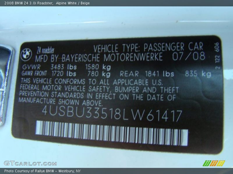 Alpine White / Beige 2008 BMW Z4 3.0i Roadster