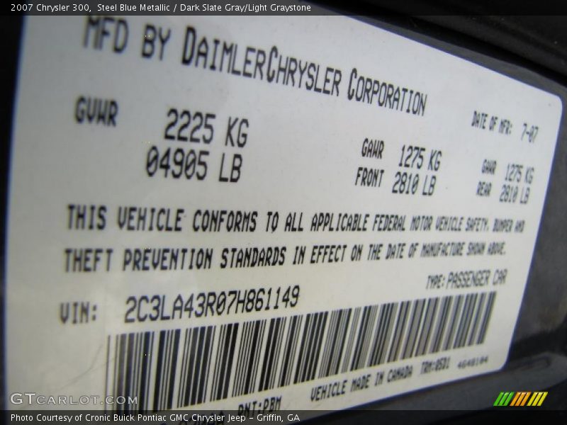 Steel Blue Metallic / Dark Slate Gray/Light Graystone 2007 Chrysler 300