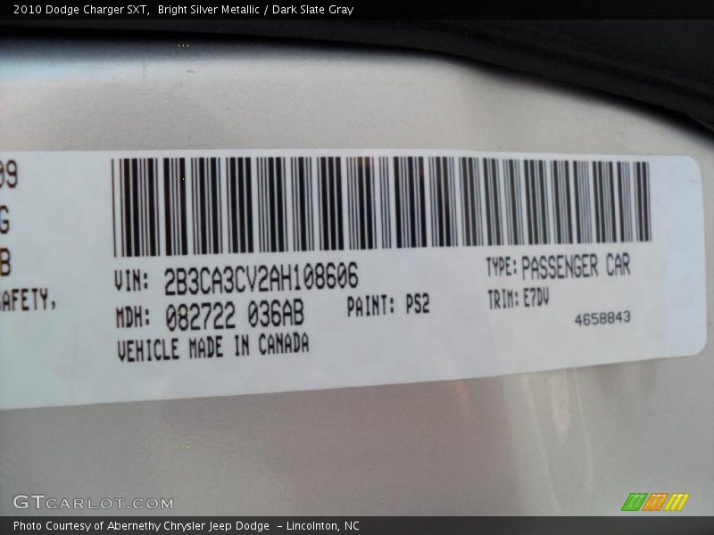 Bright Silver Metallic / Dark Slate Gray 2010 Dodge Charger SXT