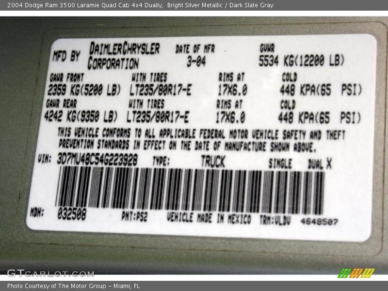 Bright Silver Metallic / Dark Slate Gray 2004 Dodge Ram 3500 Laramie Quad Cab 4x4 Dually