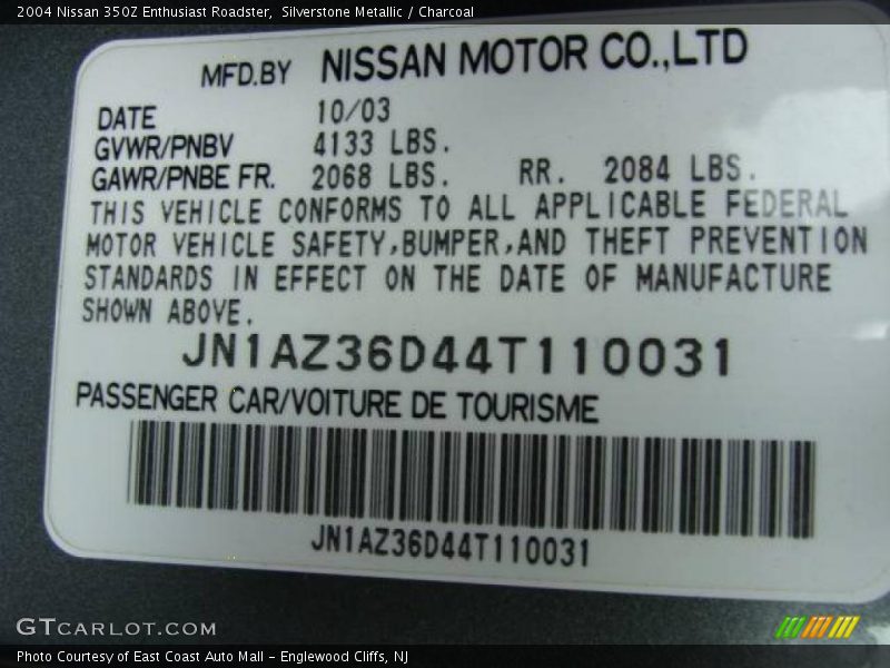 Silverstone Metallic / Charcoal 2004 Nissan 350Z Enthusiast Roadster