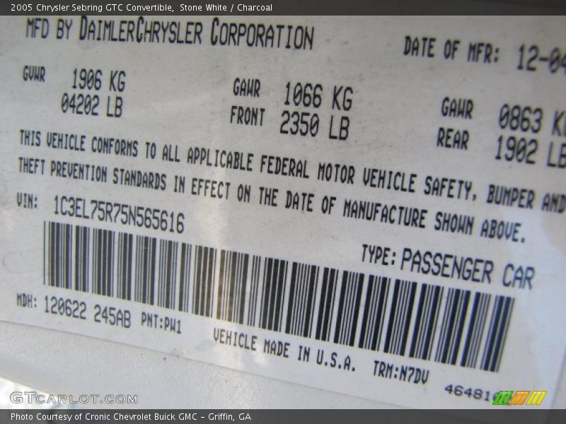 Stone White / Charcoal 2005 Chrysler Sebring GTC Convertible