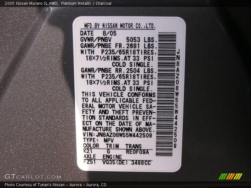 Platinum Metallic / Charcoal 2005 Nissan Murano SL AWD