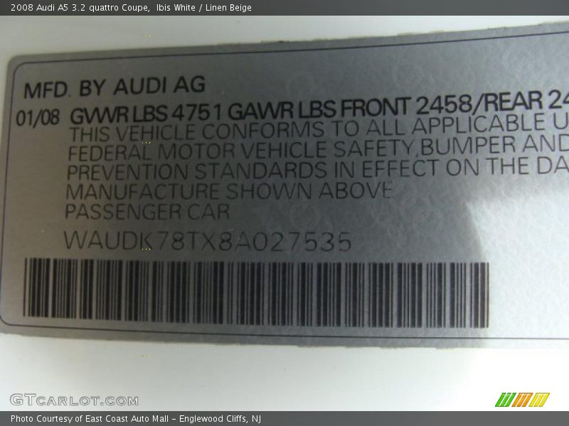 Ibis White / Linen Beige 2008 Audi A5 3.2 quattro Coupe