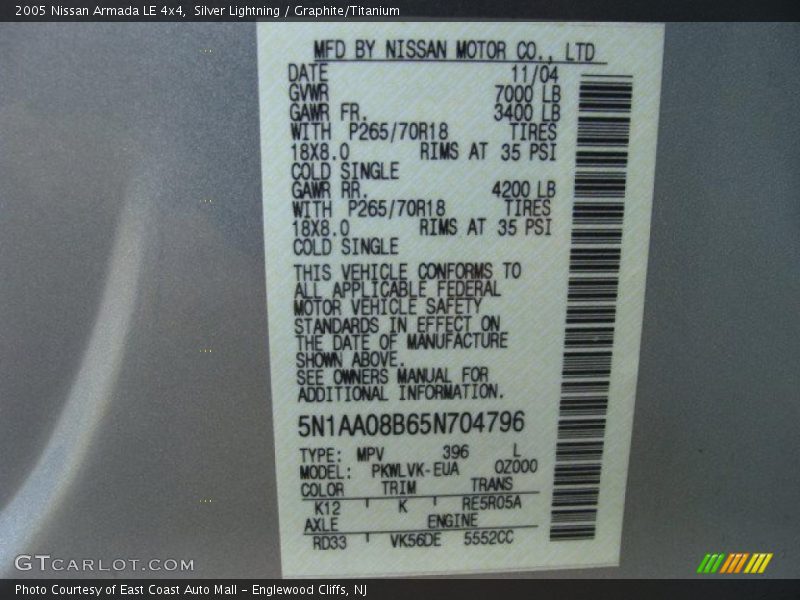 Silver Lightning / Graphite/Titanium 2005 Nissan Armada LE 4x4