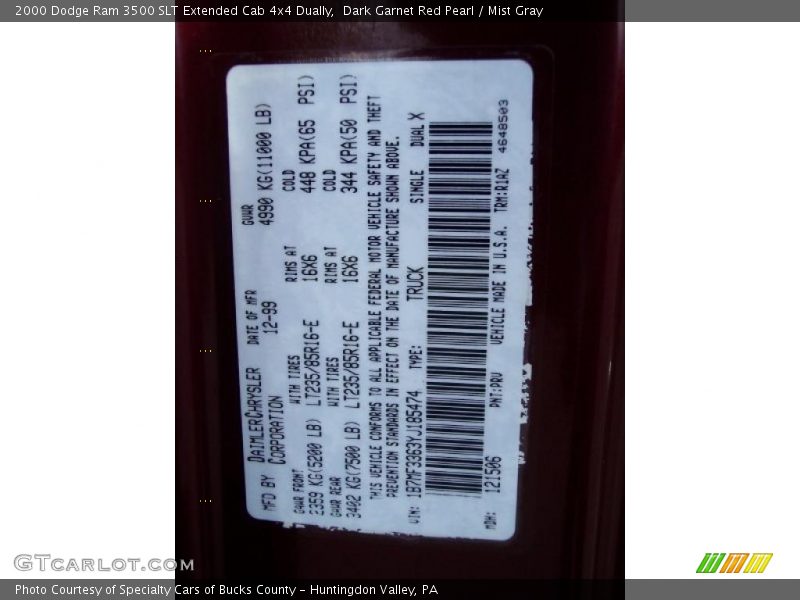 Dark Garnet Red Pearl / Mist Gray 2000 Dodge Ram 3500 SLT Extended Cab 4x4 Dually