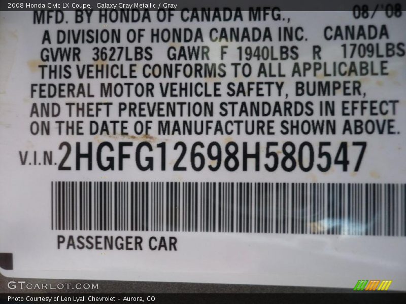 Galaxy Gray Metallic / Gray 2008 Honda Civic LX Coupe