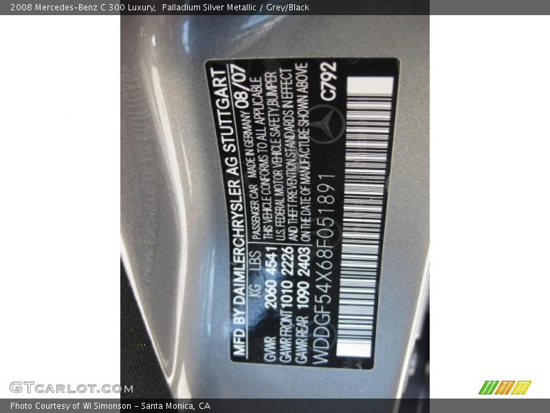 Palladium Silver Metallic / Grey/Black 2008 Mercedes-Benz C 300 Luxury