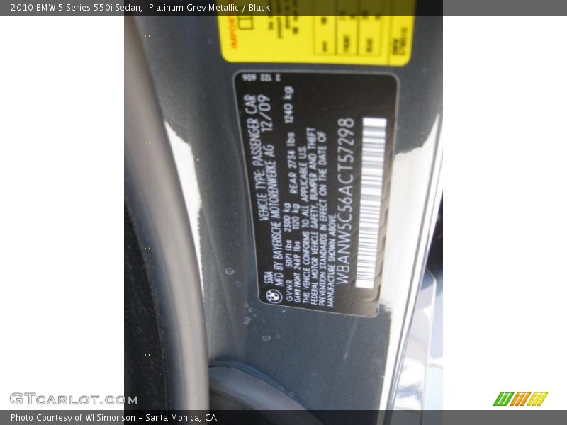 Platinum Grey Metallic / Black 2010 BMW 5 Series 550i Sedan