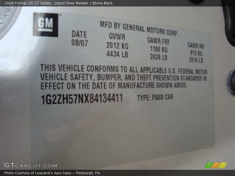 Liquid Silver Metallic / Ebony Black 2008 Pontiac G6 GT Sedan
