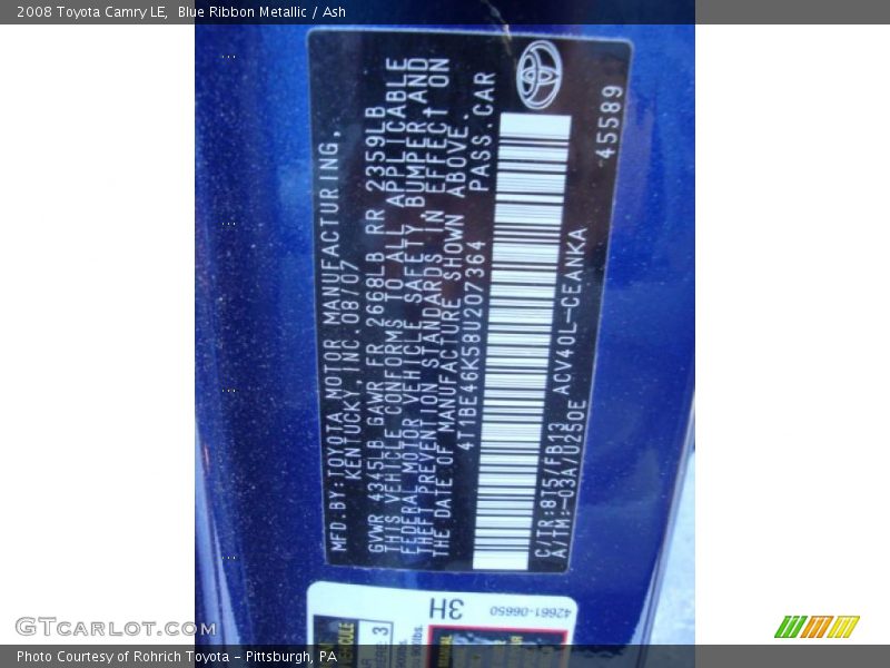 Blue Ribbon Metallic / Ash 2008 Toyota Camry LE