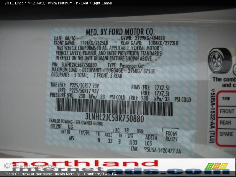 White Platinum Tri-Coat / Light Camel 2011 Lincoln MKZ AWD