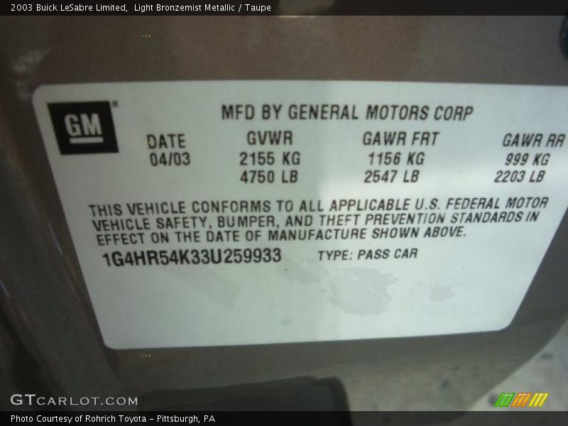 Light Bronzemist Metallic / Taupe 2003 Buick LeSabre Limited