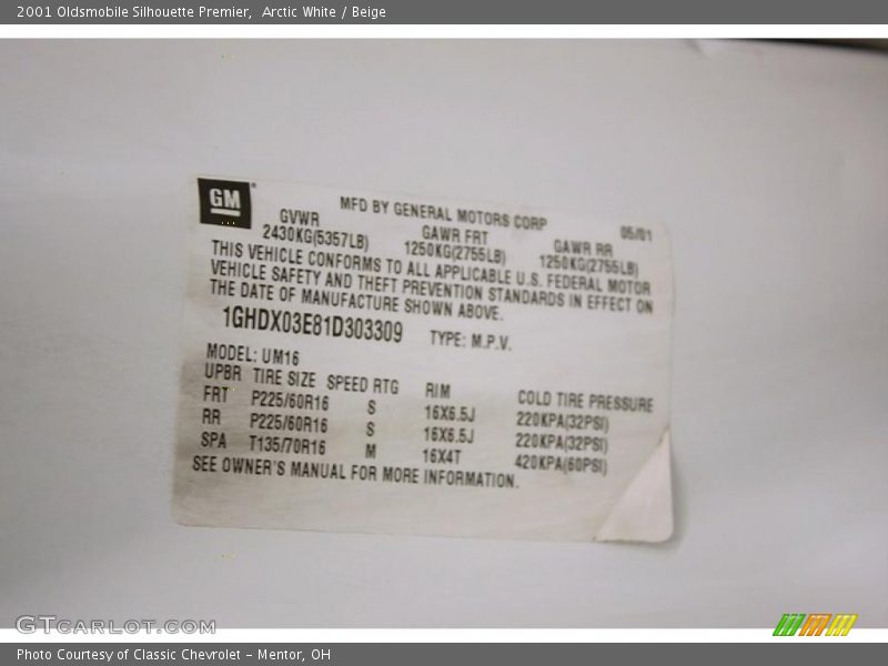 Arctic White / Beige 2001 Oldsmobile Silhouette Premier
