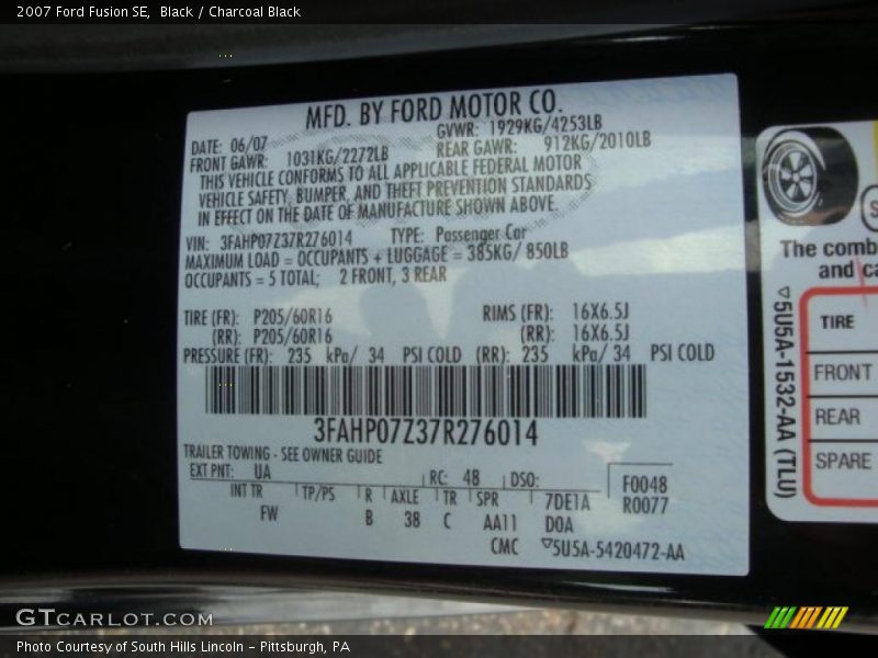 Black / Charcoal Black 2007 Ford Fusion SE