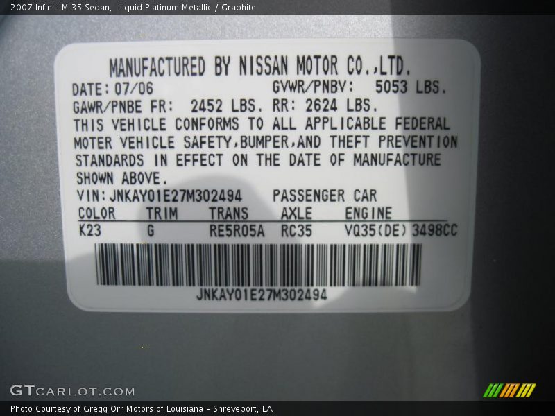 Liquid Platinum Metallic / Graphite 2007 Infiniti M 35 Sedan