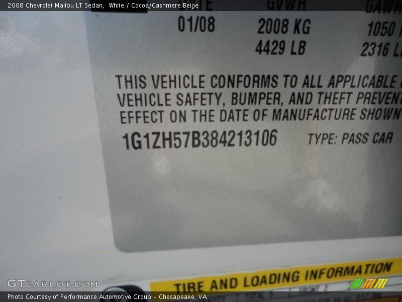 White / Cocoa/Cashmere Beige 2008 Chevrolet Malibu LT Sedan