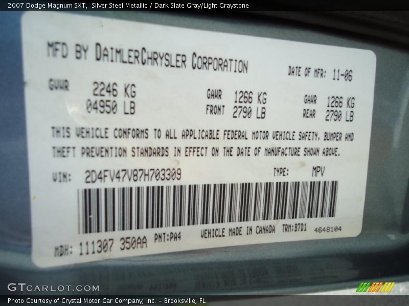 Silver Steel Metallic / Dark Slate Gray/Light Graystone 2007 Dodge Magnum SXT