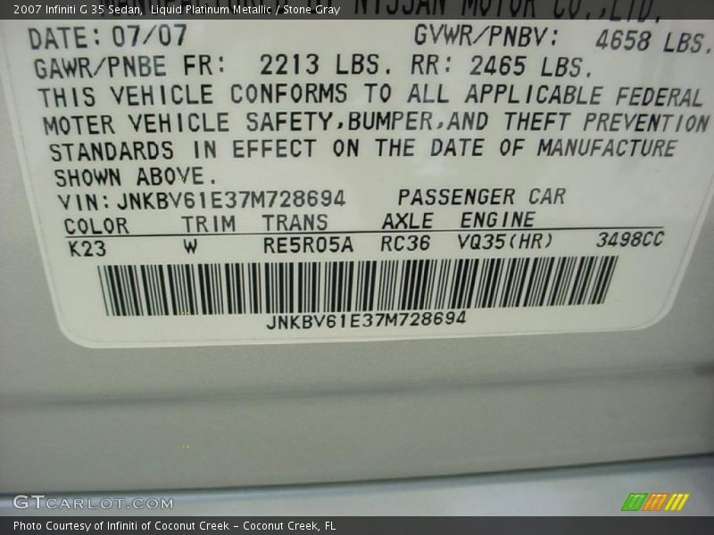 Liquid Platinum Metallic / Stone Gray 2007 Infiniti G 35 Sedan