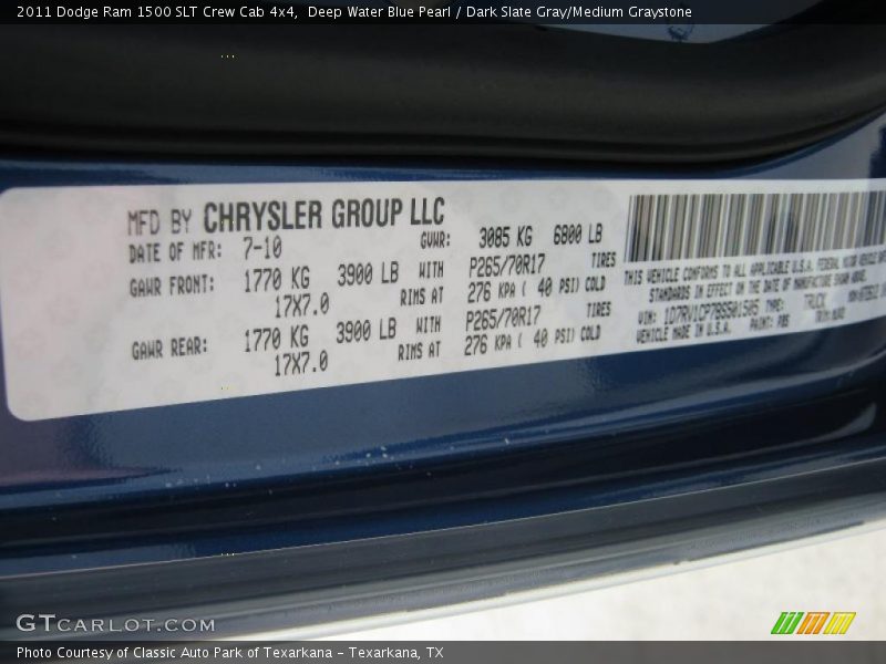 Deep Water Blue Pearl / Dark Slate Gray/Medium Graystone 2011 Dodge Ram 1500 SLT Crew Cab 4x4