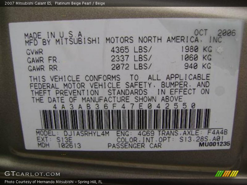Platinum Beige Pearl / Beige 2007 Mitsubishi Galant ES