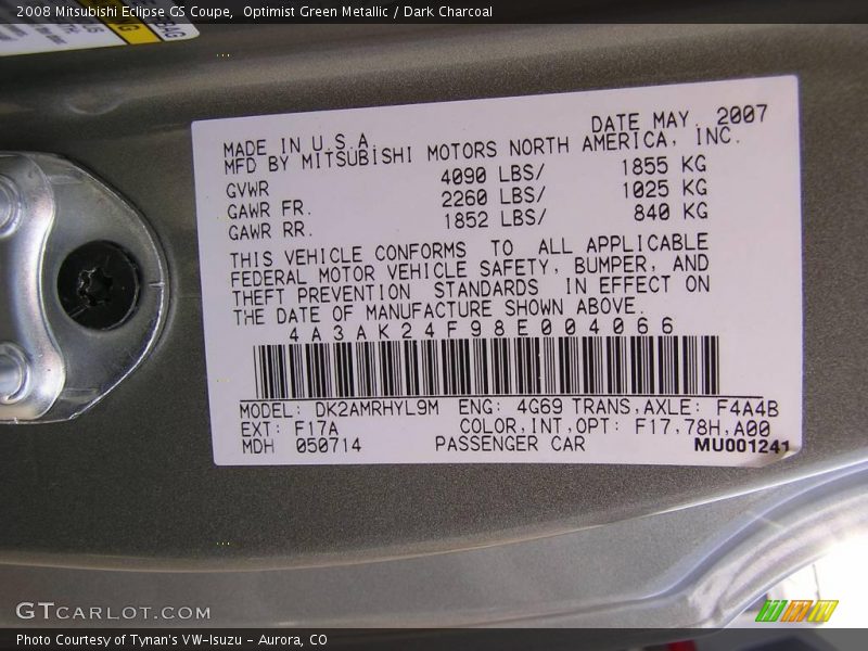 2008 Eclipse GS Coupe Optimist Green Metallic Color Code F17