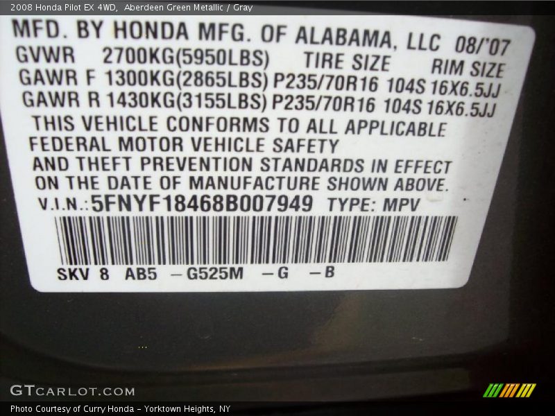 Aberdeen Green Metallic / Gray 2008 Honda Pilot EX 4WD