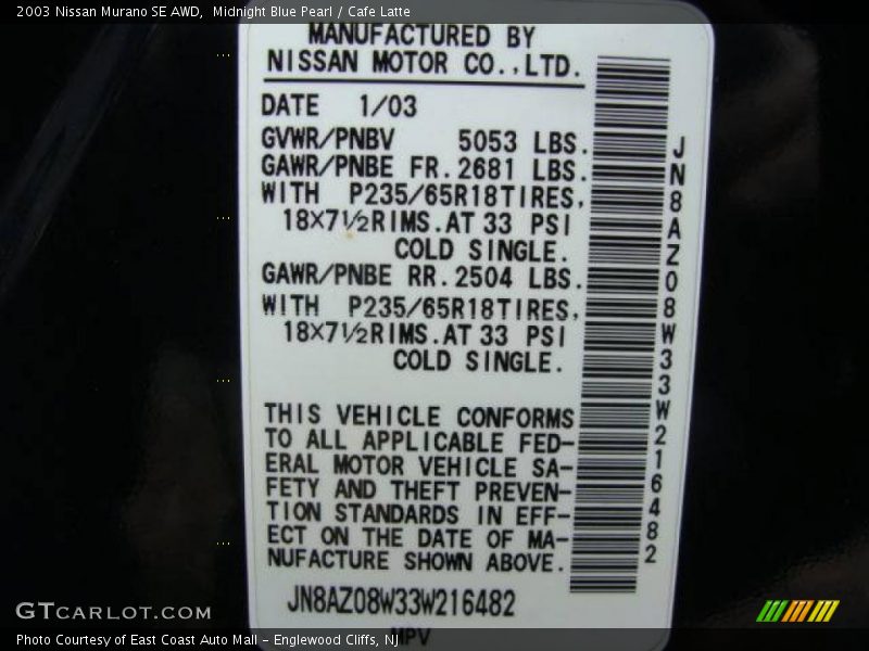 Midnight Blue Pearl / Cafe Latte 2003 Nissan Murano SE AWD