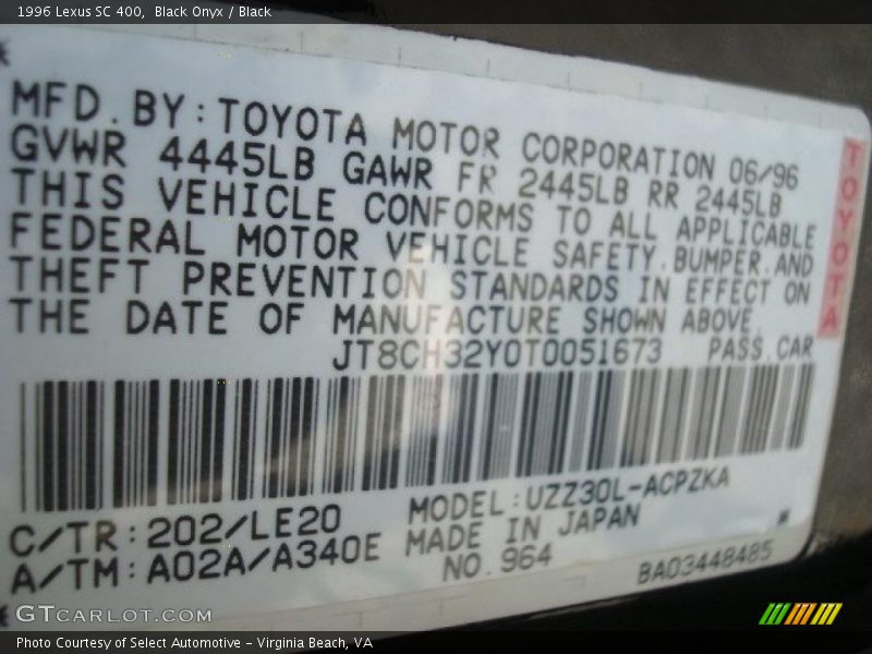 Black Onyx / Black 1996 Lexus SC 400