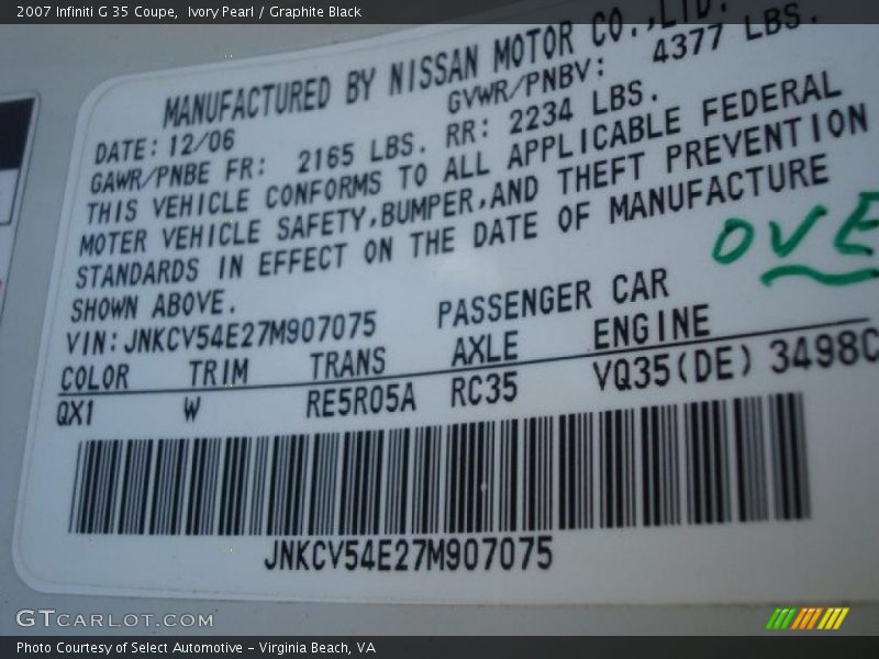 Ivory Pearl / Graphite Black 2007 Infiniti G 35 Coupe