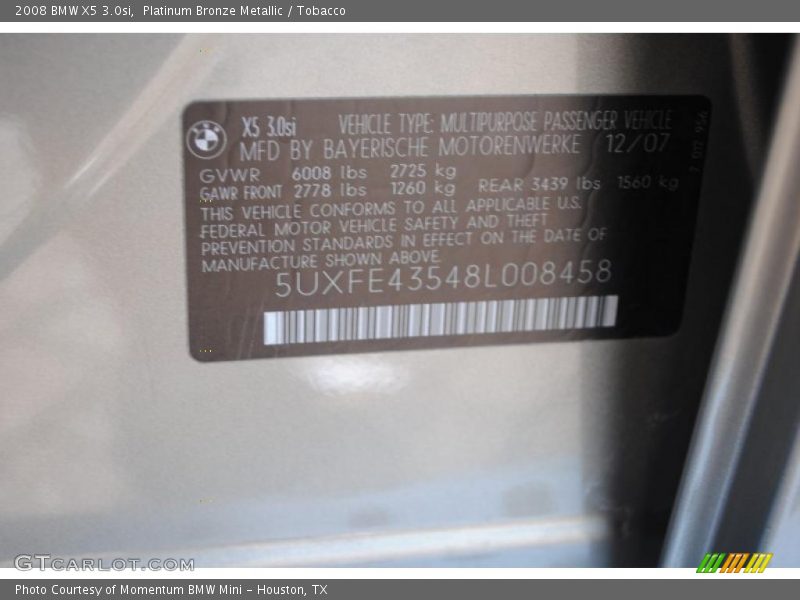 Platinum Bronze Metallic / Tobacco 2008 BMW X5 3.0si