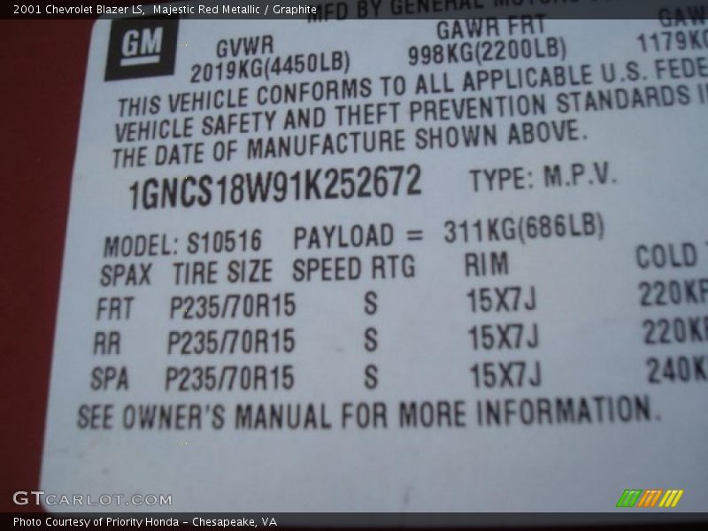 Majestic Red Metallic / Graphite 2001 Chevrolet Blazer LS