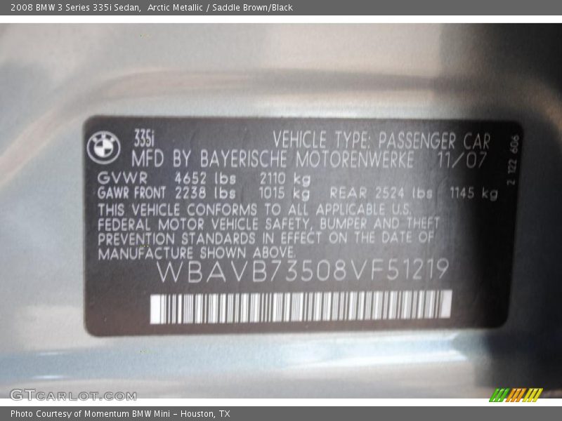 Arctic Metallic / Saddle Brown/Black 2008 BMW 3 Series 335i Sedan