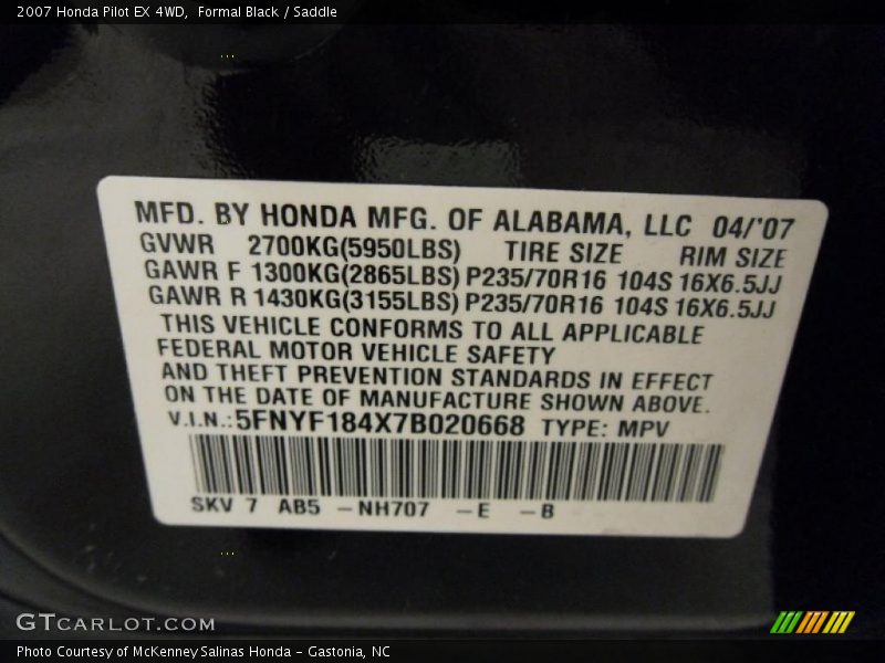 Formal Black / Saddle 2007 Honda Pilot EX 4WD