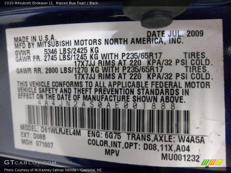 Maizen Blue Pearl / Black 2010 Mitsubishi Endeavor LS