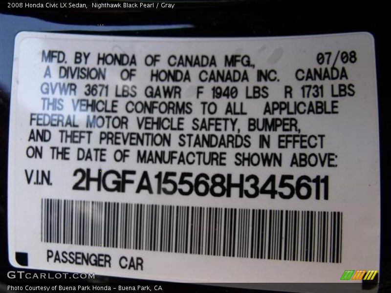Nighthawk Black Pearl / Gray 2008 Honda Civic LX Sedan