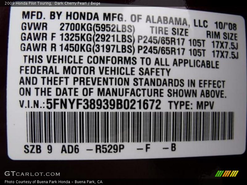 Dark Cherry Pearl / Beige 2009 Honda Pilot Touring