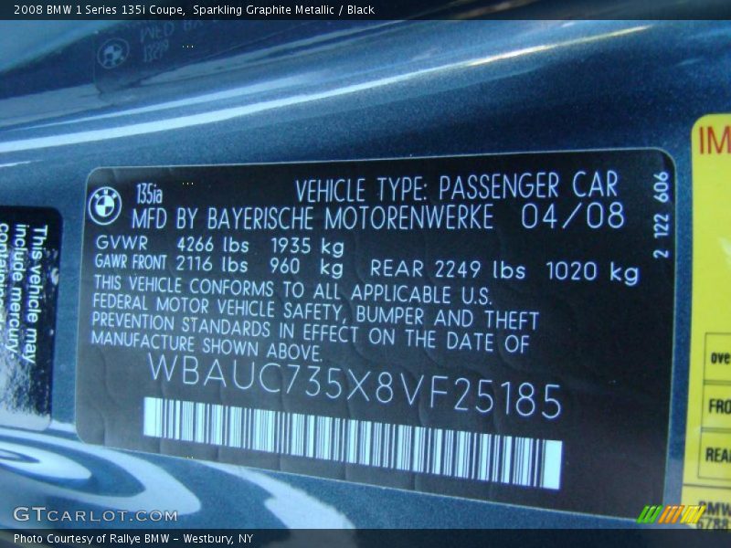 Sparkling Graphite Metallic / Black 2008 BMW 1 Series 135i Coupe