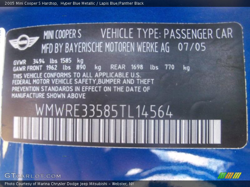 Hyper Blue Metallic / Lapis Blue/Panther Black 2005 Mini Cooper S Hardtop