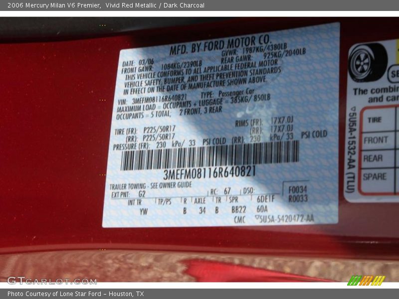 Vivid Red Metallic / Dark Charcoal 2006 Mercury Milan V6 Premier