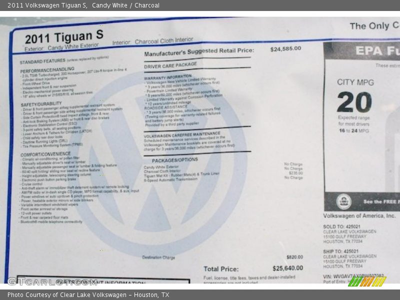 Candy White / Charcoal 2011 Volkswagen Tiguan S