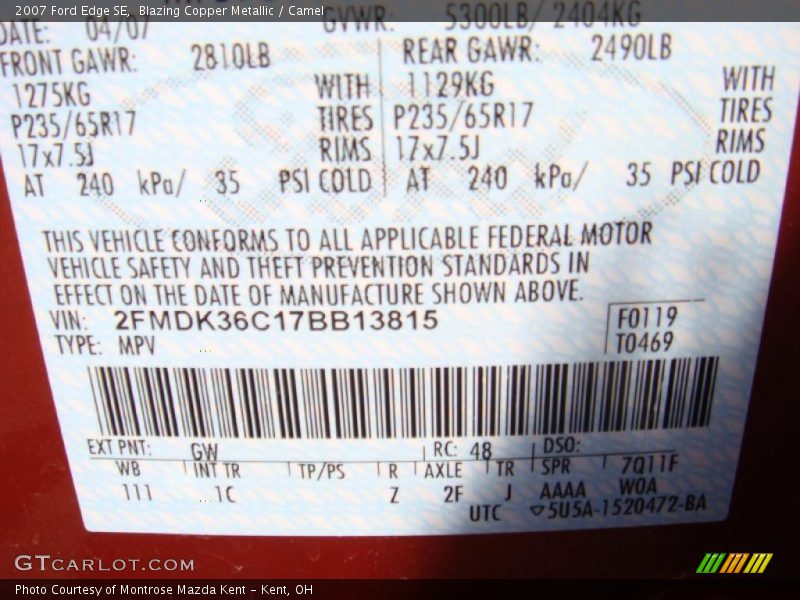 Blazing Copper Metallic / Camel 2007 Ford Edge SE