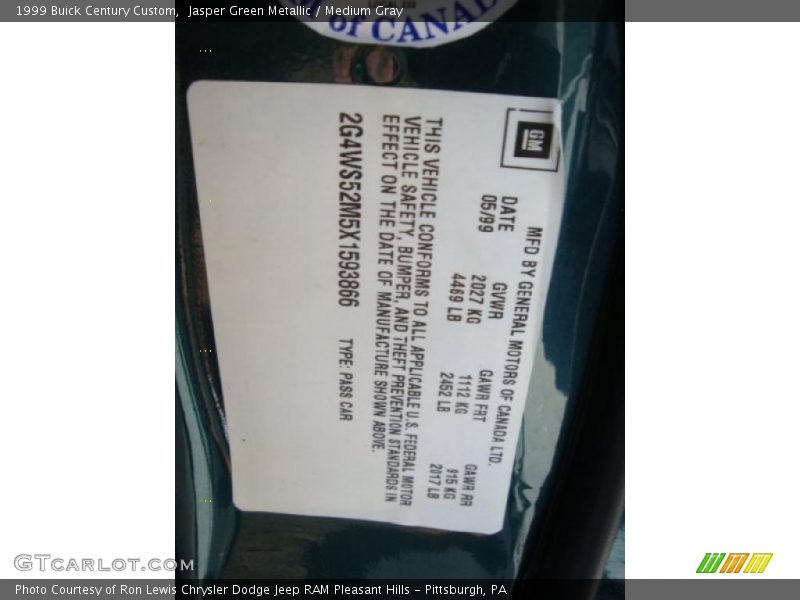 Jasper Green Metallic / Medium Gray 1999 Buick Century Custom
