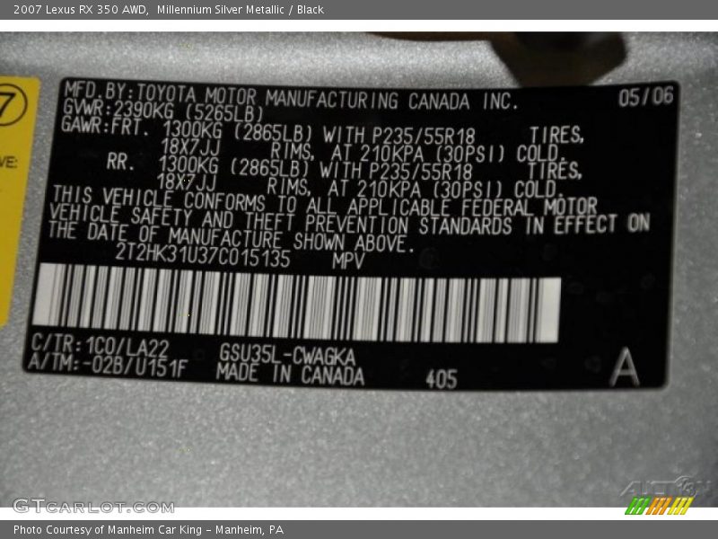 Millennium Silver Metallic / Black 2007 Lexus RX 350 AWD